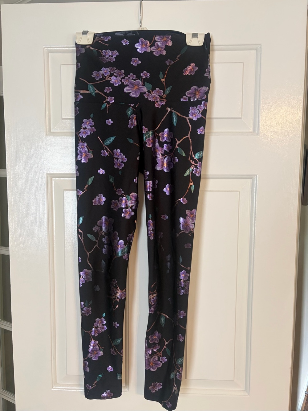 Emily Hsu Designs Black Leggings with Purple Floral Print
